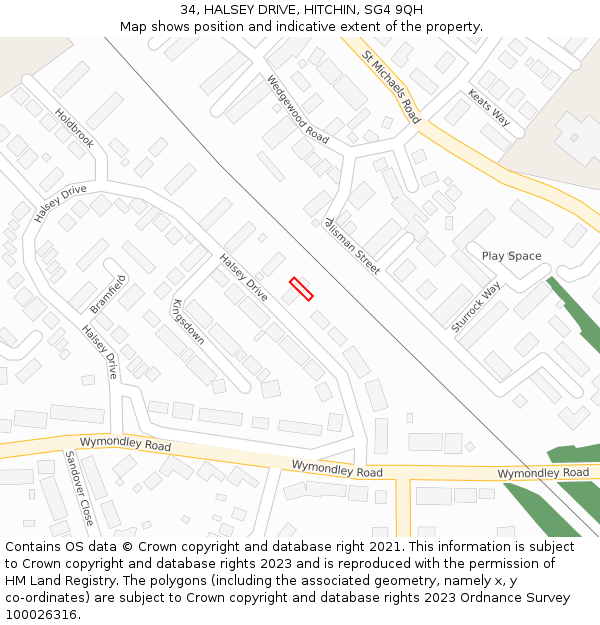 34, HALSEY DRIVE, HITCHIN, SG4 9QH: Location map and indicative extent of plot