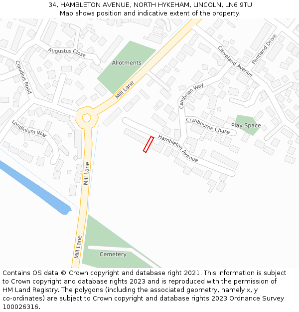 34, HAMBLETON AVENUE, NORTH HYKEHAM, LINCOLN, LN6 9TU: Location map and indicative extent of plot