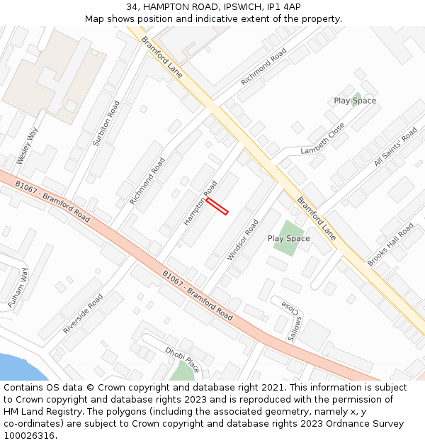 34, HAMPTON ROAD, IPSWICH, IP1 4AP: Location map and indicative extent of plot