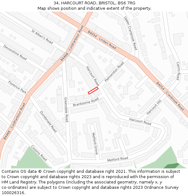 34, HARCOURT ROAD, BRISTOL, BS6 7RG: Location map and indicative extent of plot