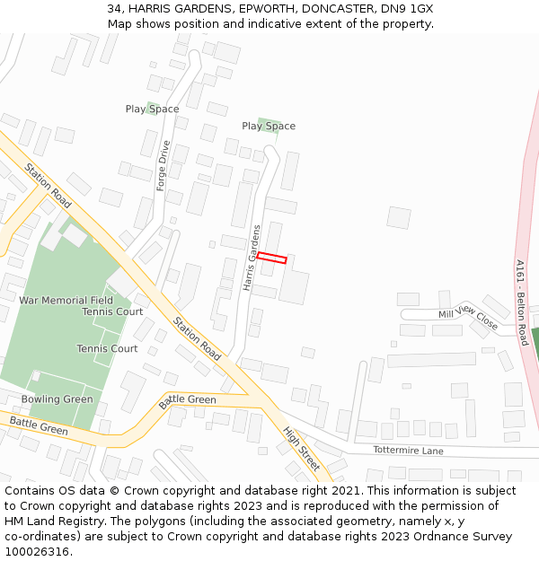 34, HARRIS GARDENS, EPWORTH, DONCASTER, DN9 1GX: Location map and indicative extent of plot