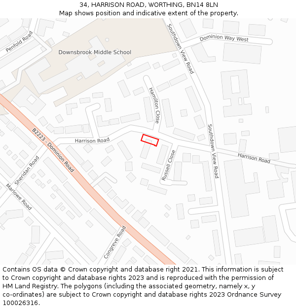 34, HARRISON ROAD, WORTHING, BN14 8LN: Location map and indicative extent of plot