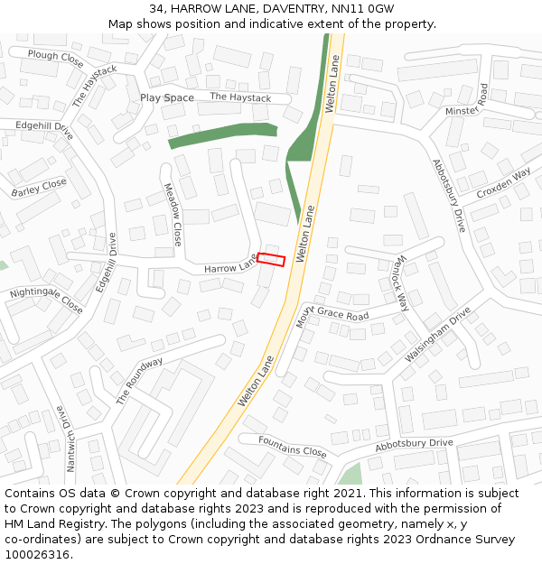 34, HARROW LANE, DAVENTRY, NN11 0GW: Location map and indicative extent of plot