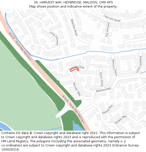 34, HARVEST WAY, HEYBRIDGE, MALDON, CM9 4PS: Location map and indicative extent of plot