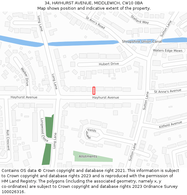 34, HAYHURST AVENUE, MIDDLEWICH, CW10 0BA: Location map and indicative extent of plot