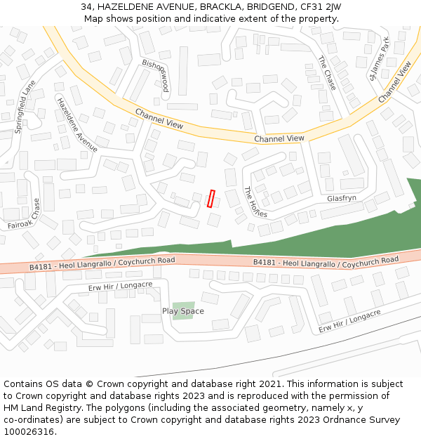34, HAZELDENE AVENUE, BRACKLA, BRIDGEND, CF31 2JW: Location map and indicative extent of plot