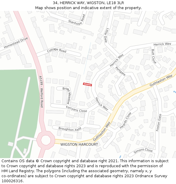 34, HERRICK WAY, WIGSTON, LE18 3LR: Location map and indicative extent of plot