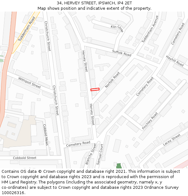 34, HERVEY STREET, IPSWICH, IP4 2ET: Location map and indicative extent of plot