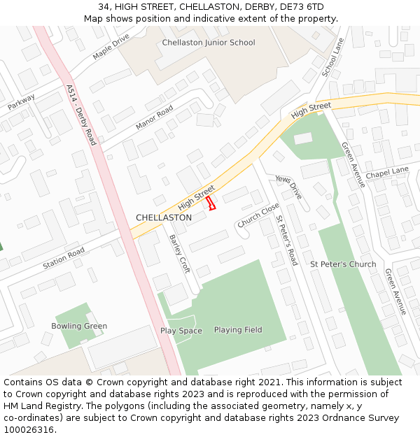 34, HIGH STREET, CHELLASTON, DERBY, DE73 6TD: Location map and indicative extent of plot