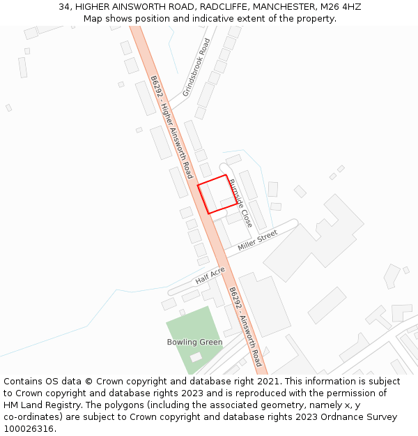 34, HIGHER AINSWORTH ROAD, RADCLIFFE, MANCHESTER, M26 4HZ: Location map and indicative extent of plot