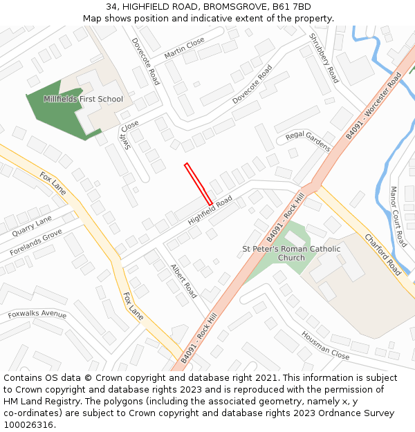 34, HIGHFIELD ROAD, BROMSGROVE, B61 7BD: Location map and indicative extent of plot