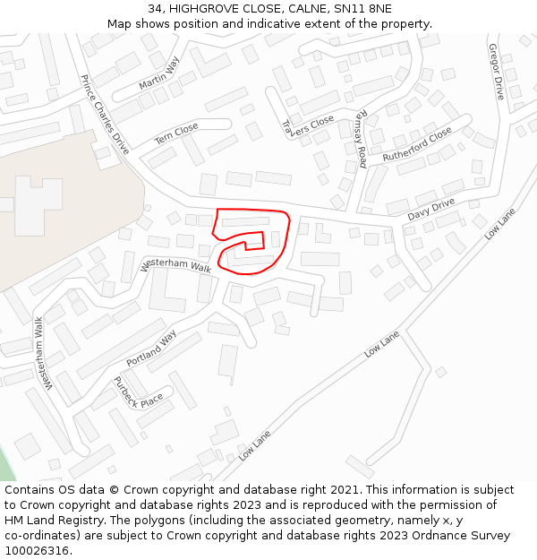 34, HIGHGROVE CLOSE, CALNE, SN11 8NE: Location map and indicative extent of plot
