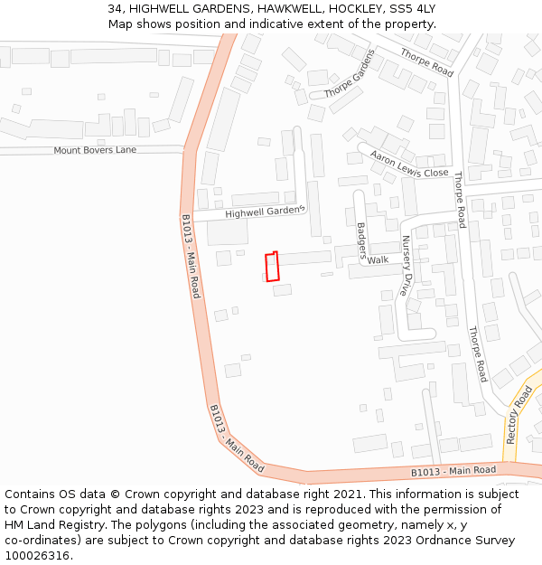 34, HIGHWELL GARDENS, HAWKWELL, HOCKLEY, SS5 4LY: Location map and indicative extent of plot