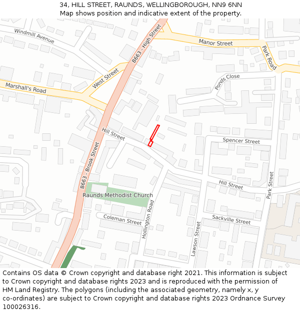 34, HILL STREET, RAUNDS, WELLINGBOROUGH, NN9 6NN: Location map and indicative extent of plot