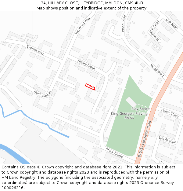 34, HILLARY CLOSE, HEYBRIDGE, MALDON, CM9 4UB: Location map and indicative extent of plot