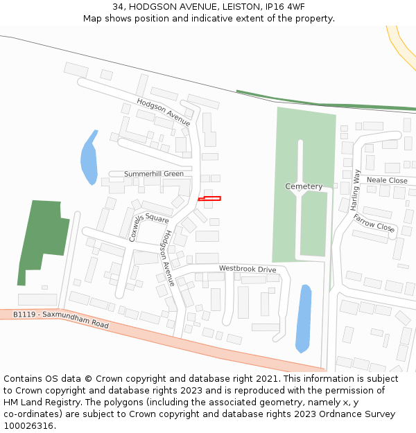 34, HODGSON AVENUE, LEISTON, IP16 4WF: Location map and indicative extent of plot