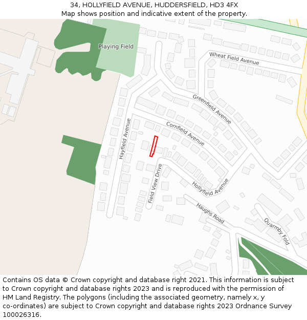 34, HOLLYFIELD AVENUE, HUDDERSFIELD, HD3 4FX: Location map and indicative extent of plot