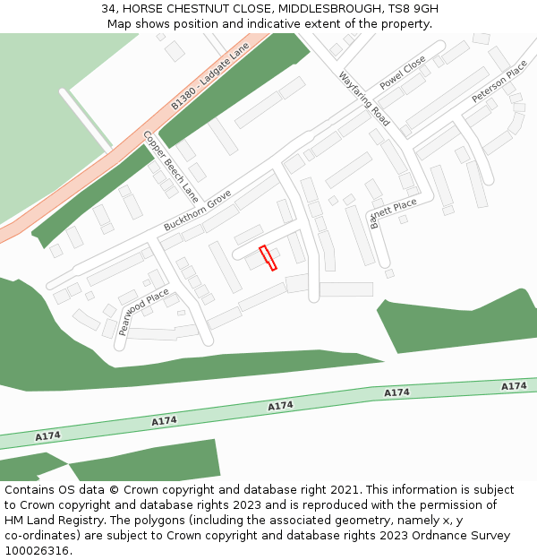 34, HORSE CHESTNUT CLOSE, MIDDLESBROUGH, TS8 9GH: Location map and indicative extent of plot