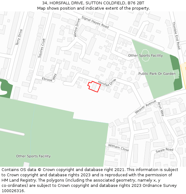 34, HORSFALL DRIVE, SUTTON COLDFIELD, B76 2BT: Location map and indicative extent of plot