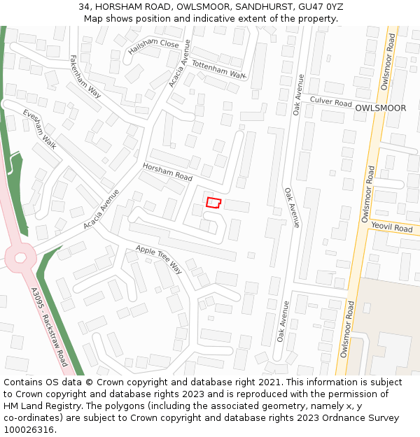 34, HORSHAM ROAD, OWLSMOOR, SANDHURST, GU47 0YZ: Location map and indicative extent of plot