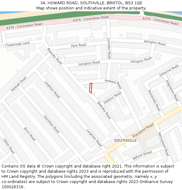 34, HOWARD ROAD, SOUTHVILLE, BRISTOL, BS3 1QE: Location map and indicative extent of plot