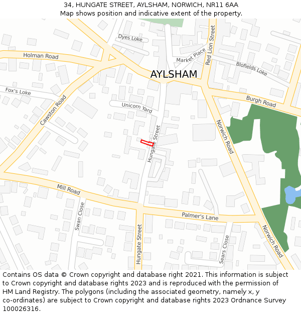 34, HUNGATE STREET, AYLSHAM, NORWICH, NR11 6AA: Location map and indicative extent of plot