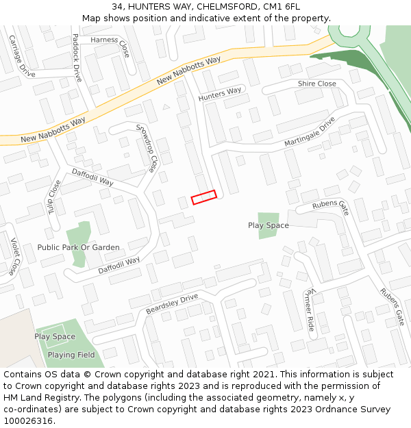 34, HUNTERS WAY, CHELMSFORD, CM1 6FL: Location map and indicative extent of plot
