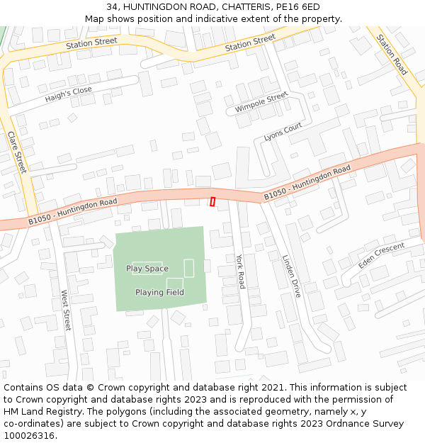 34, HUNTINGDON ROAD, CHATTERIS, PE16 6ED: Location map and indicative extent of plot