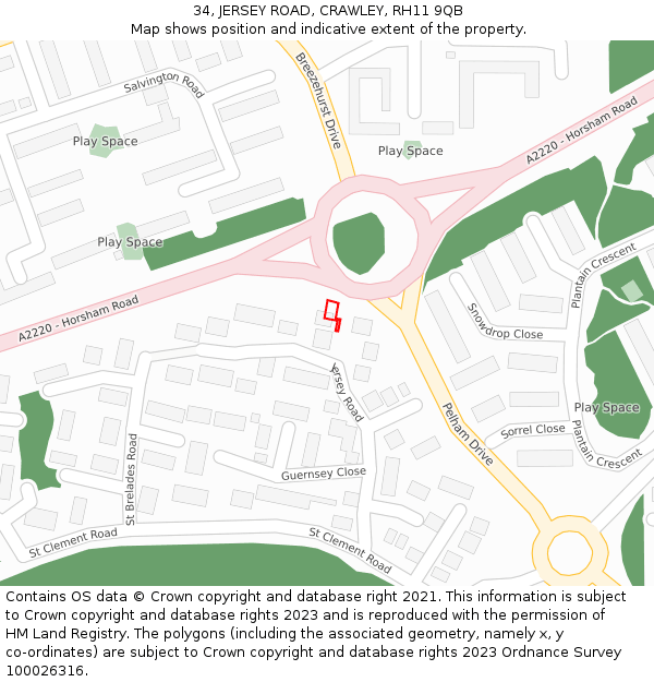 34, JERSEY ROAD, CRAWLEY, RH11 9QB: Location map and indicative extent of plot