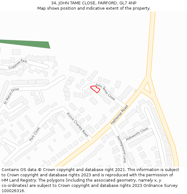 34, JOHN TAME CLOSE, FAIRFORD, GL7 4NP: Location map and indicative extent of plot