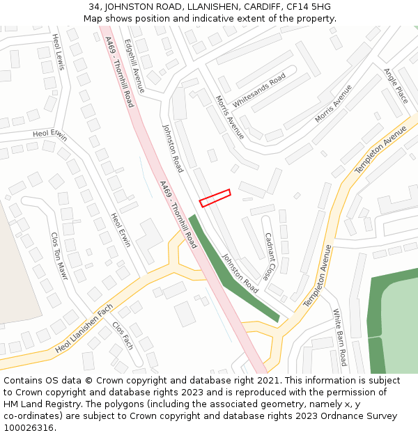 34, JOHNSTON ROAD, LLANISHEN, CARDIFF, CF14 5HG: Location map and indicative extent of plot