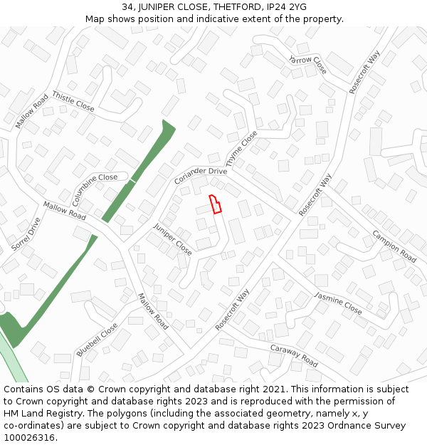 34, JUNIPER CLOSE, THETFORD, IP24 2YG: Location map and indicative extent of plot