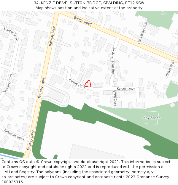 34, KENZIE DRIVE, SUTTON BRIDGE, SPALDING, PE12 9SW: Location map and indicative extent of plot
