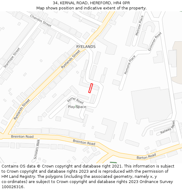 34, KERNAL ROAD, HEREFORD, HR4 0PR: Location map and indicative extent of plot