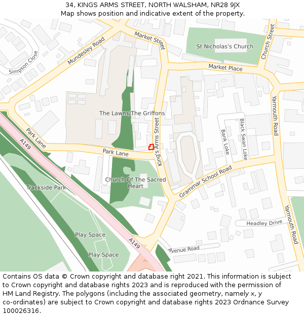 34, KINGS ARMS STREET, NORTH WALSHAM, NR28 9JX: Location map and indicative extent of plot