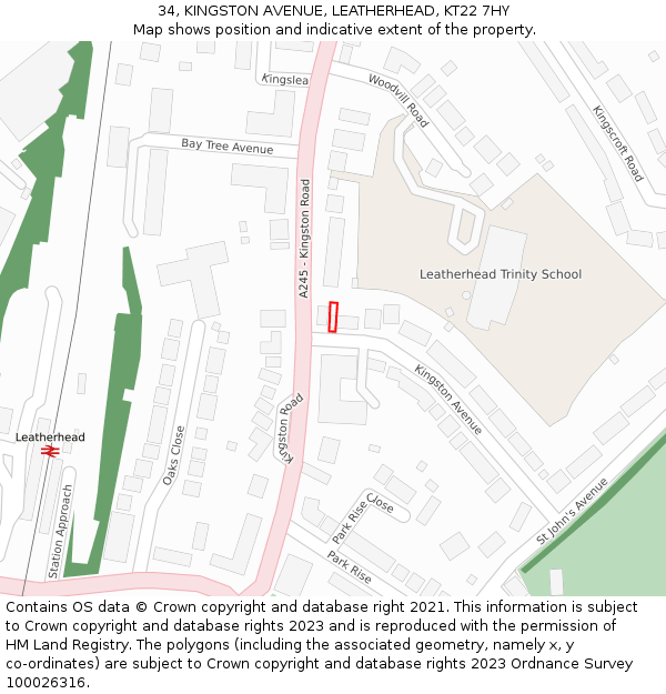 34, KINGSTON AVENUE, LEATHERHEAD, KT22 7HY: Location map and indicative extent of plot