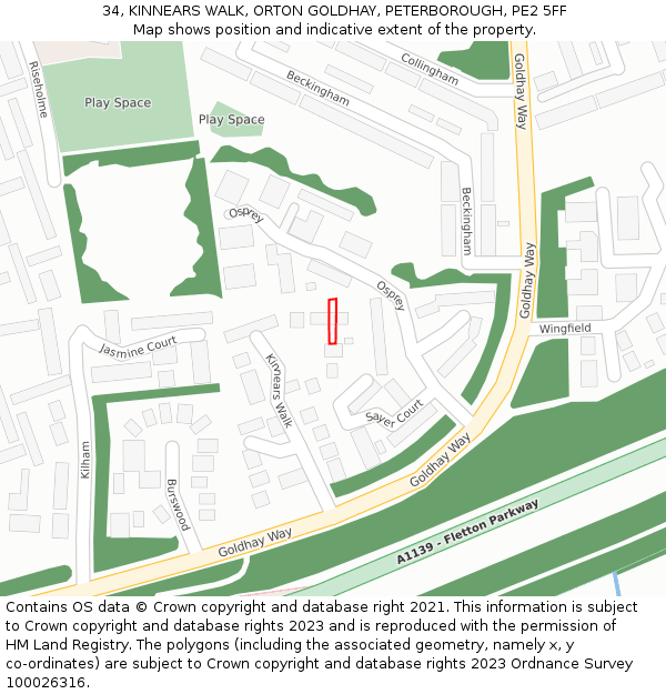 34, KINNEARS WALK, ORTON GOLDHAY, PETERBOROUGH, PE2 5FF: Location map and indicative extent of plot