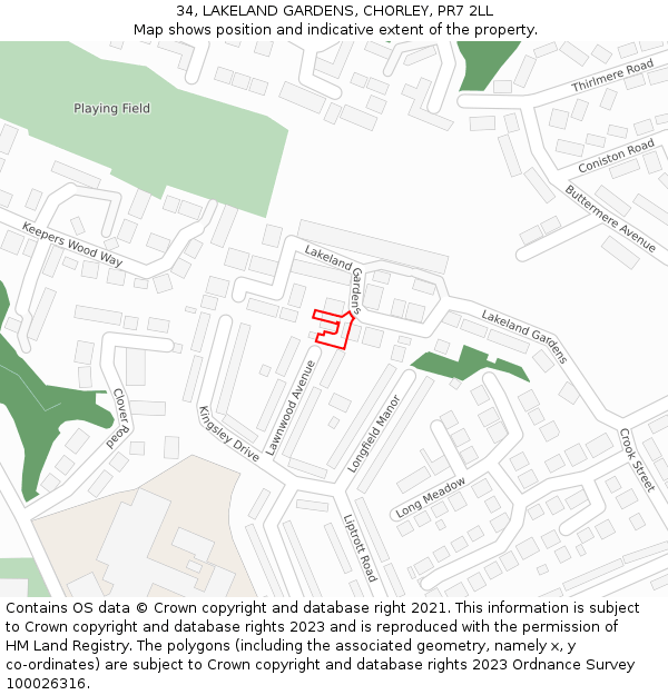 34, LAKELAND GARDENS, CHORLEY, PR7 2LL: Location map and indicative extent of plot