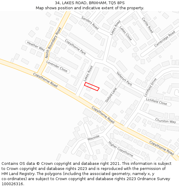 34, LAKES ROAD, BRIXHAM, TQ5 8PS: Location map and indicative extent of plot