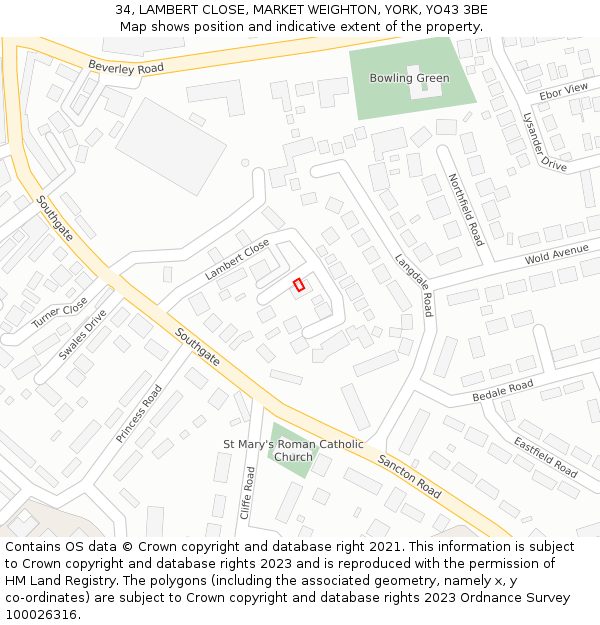 34, LAMBERT CLOSE, MARKET WEIGHTON, YORK, YO43 3BE: Location map and indicative extent of plot