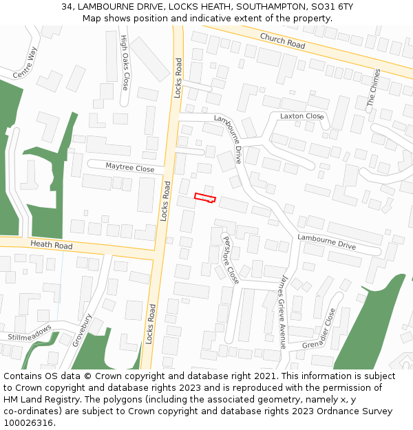 34, LAMBOURNE DRIVE, LOCKS HEATH, SOUTHAMPTON, SO31 6TY: Location map and indicative extent of plot