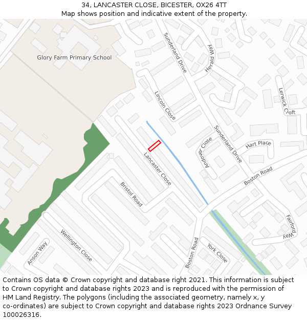 34, LANCASTER CLOSE, BICESTER, OX26 4TT: Location map and indicative extent of plot
