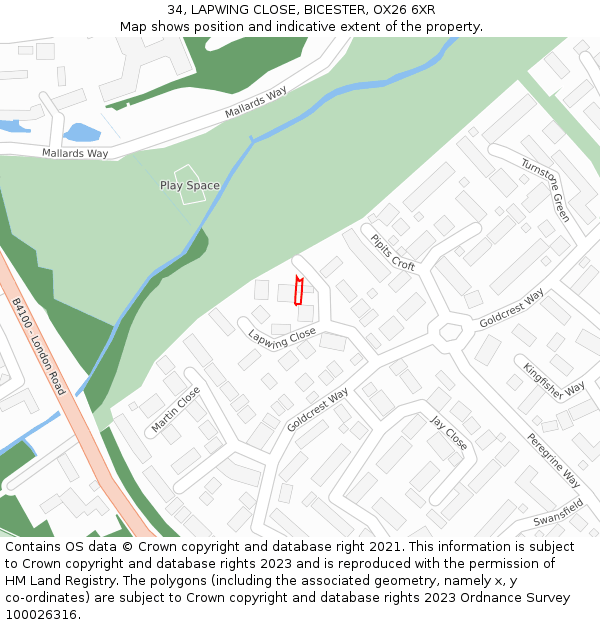 34, LAPWING CLOSE, BICESTER, OX26 6XR: Location map and indicative extent of plot