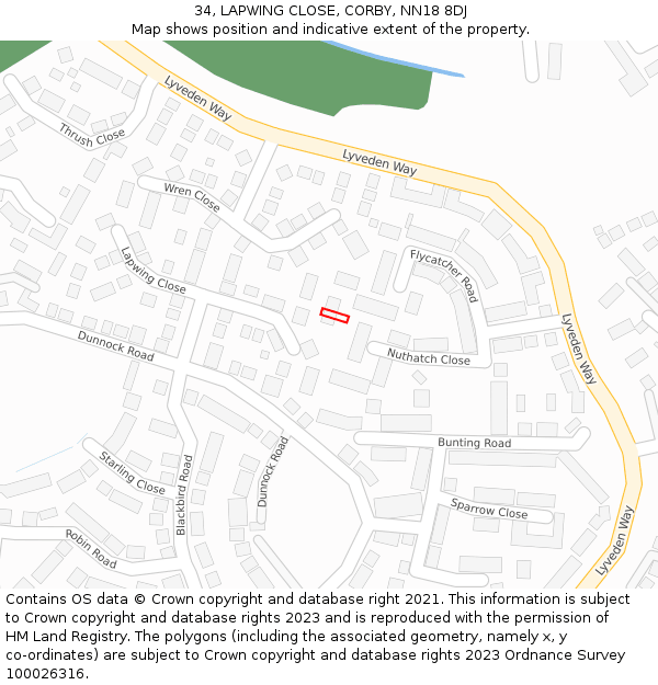 34, LAPWING CLOSE, CORBY, NN18 8DJ: Location map and indicative extent of plot