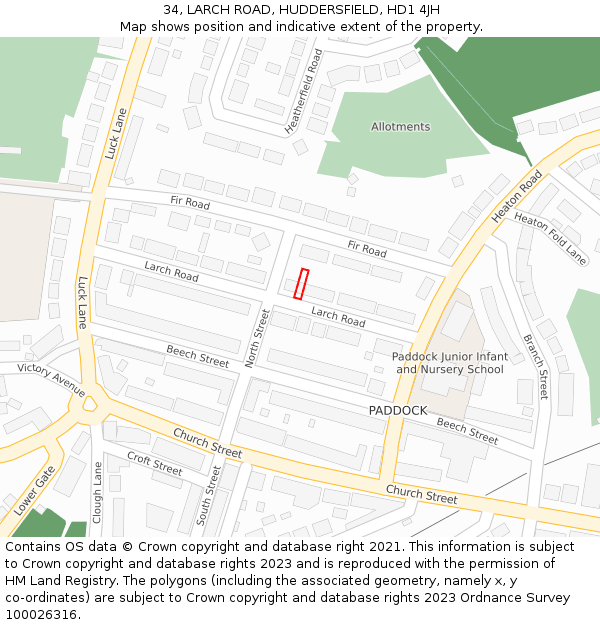 34, LARCH ROAD, HUDDERSFIELD, HD1 4JH: Location map and indicative extent of plot