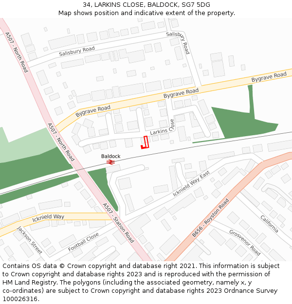 34, LARKINS CLOSE, BALDOCK, SG7 5DG: Location map and indicative extent of plot