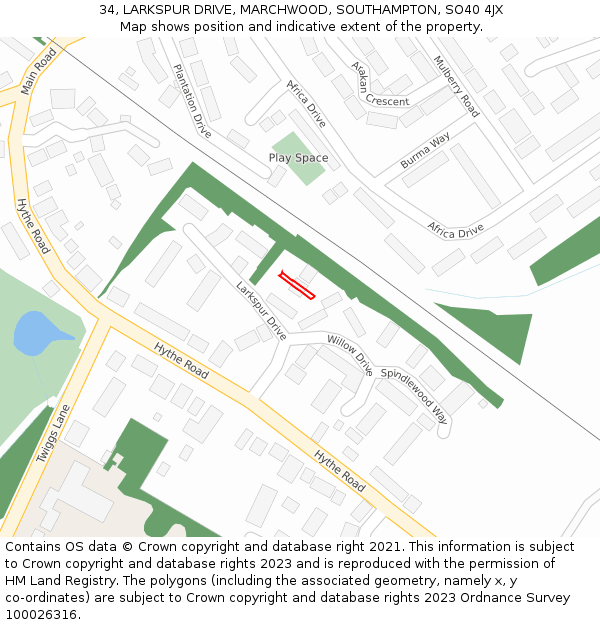 34, LARKSPUR DRIVE, MARCHWOOD, SOUTHAMPTON, SO40 4JX: Location map and indicative extent of plot