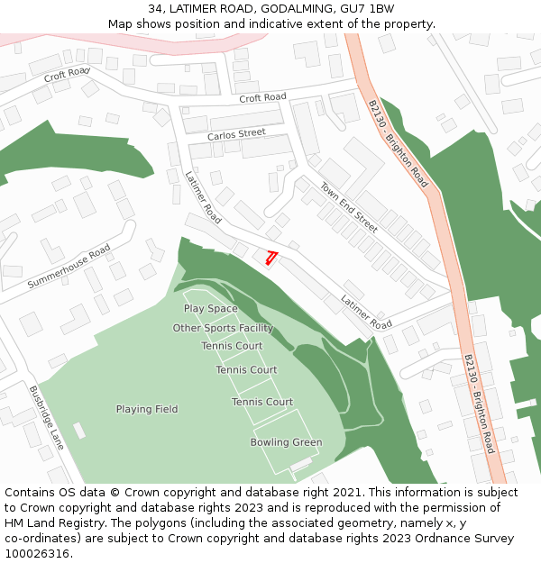 34, LATIMER ROAD, GODALMING, GU7 1BW: Location map and indicative extent of plot