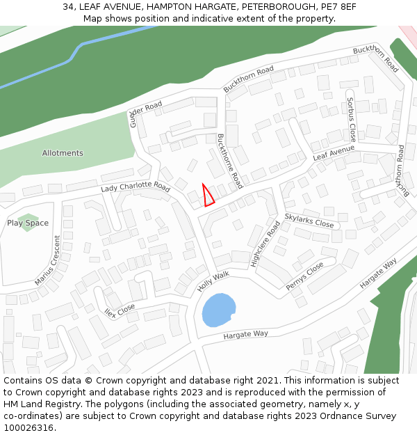 34, LEAF AVENUE, HAMPTON HARGATE, PETERBOROUGH, PE7 8EF: Location map and indicative extent of plot