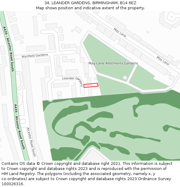 34, LEANDER GARDENS, BIRMINGHAM, B14 6EZ: Location map and indicative extent of plot